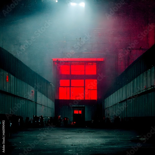 close up on photographer capturing warehouse rave subtle red light minimal 