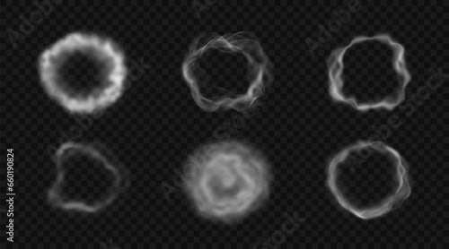 Set of round steam, fog. Vector illustration. Vector illustration of various circle haze, smog and mist isolated on transparent backdrop
