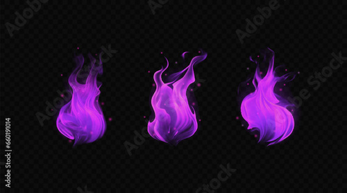 Bright lilac flame with sparkles. Vector illustration. Set of magic burning fire isolated on transparent backdrop