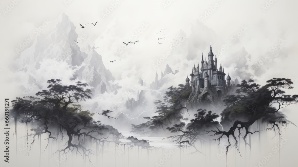 An artistic fantasy landscape black and white ink style. Generative AI. 