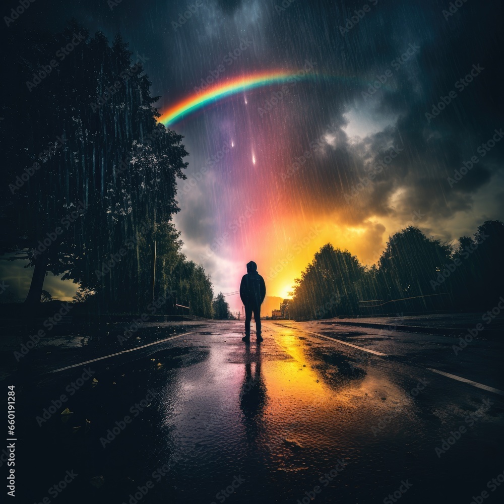 a person standing on a wet road with a rainbow in the background