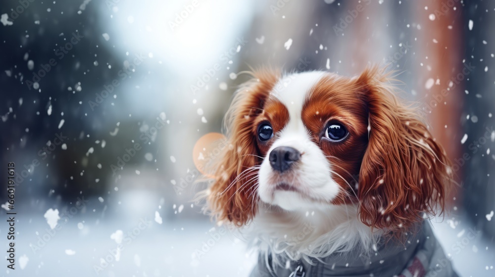 Cavalier King Charles Spaniel in Winter Snowfall in the snow in winter on the street under the flakes of falling snow. Soft focus, blurred background. Merry Christmas and Happy New Year Cavalier King Charles Spaniel in Winter Snowfall in the snow in winter on the street under the flakes of falling snow. Soft focus, blurred background. Merry Christmas and Happy New Year