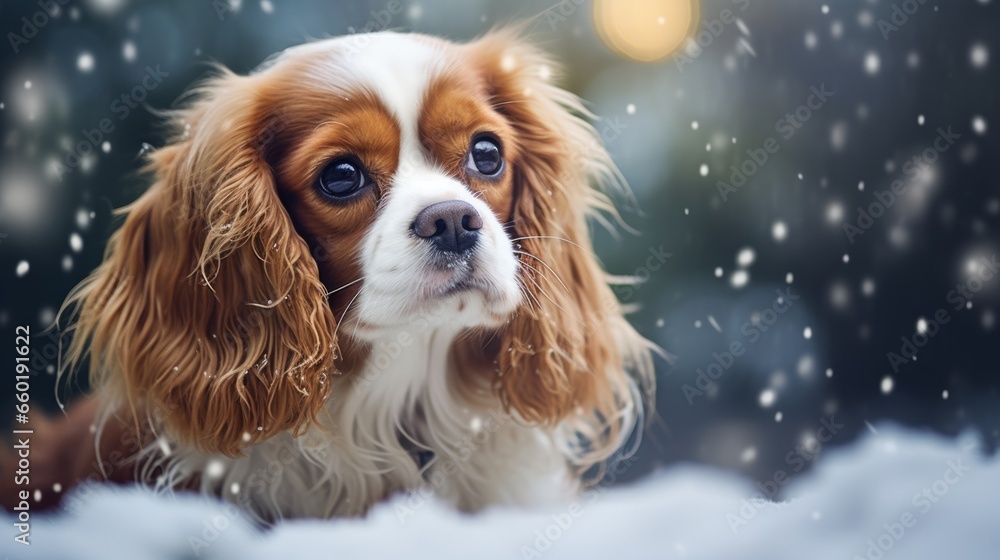Cavalier King Charles Spaniel in Winter Snowfall in the snow in winter on the street under the flakes of falling snow. Soft focus, blurred background. Merry Christmas and Happy New Year Cavalier King Charles Spaniel in Winter Snowfall in the snow in winter on the street under the flakes of falling snow. Soft focus, blurred background. Merry Christmas and Happy New Year