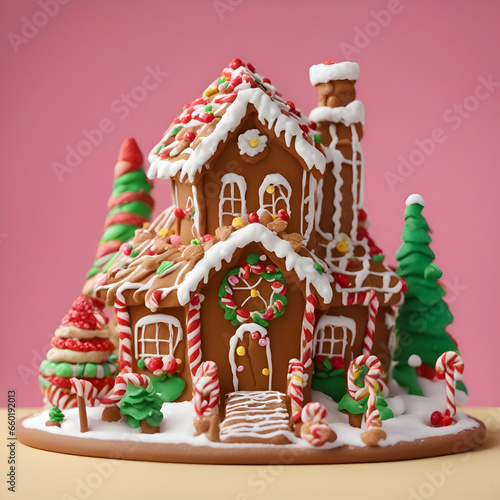 Gingerbread house in the shape of a Christmas tree on a pink background