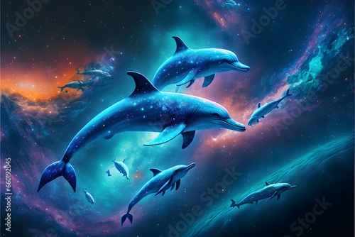 dolphin pod swimming across the cosmos chromatic background high quality 8k vibrant colors highly detailed 