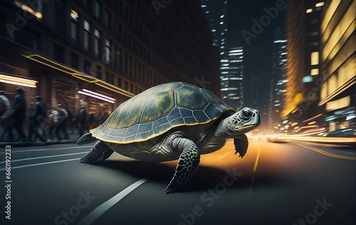 Turtle on the road running extremely fast on busy city street at night created with generative Ai
