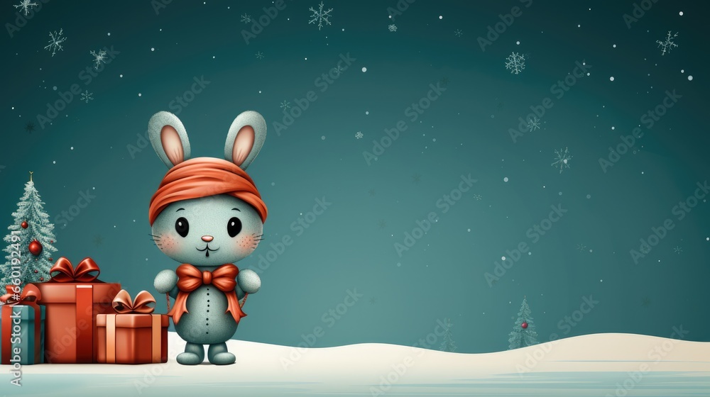 Funny Christmas bunny illustration with large copyspace - stock photo