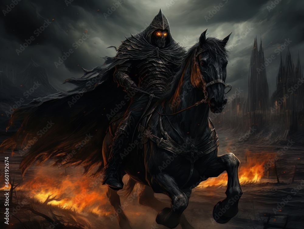 Black horseman of the apocalypse riding black horse AI Black horseman of the apocalypse riding black horse AI