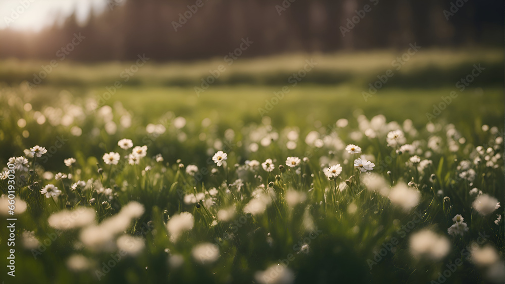Beautiful spring meadow with white daisies and green grass