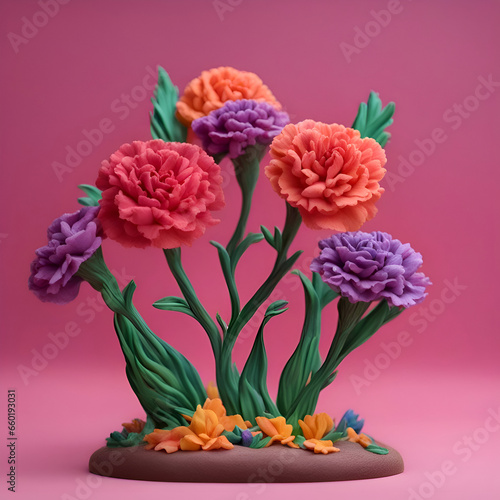 3d render of colorful carnation flowers isolated on pink background.