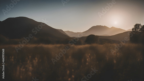 Sunset in the mountains. Beautiful panoramic view of the valley.