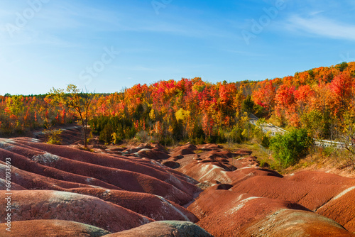Autum in Cheltenham Badlands in Caledon, Ontario Canada, canadian fall, red maple leaves trees photo