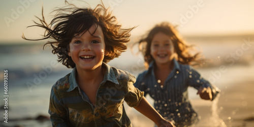 kids running in the sand and shallow sea on a sunset / sunrise beach paradise — Joyful, happy, cinematic photography of children © dreamalittledream