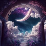 a possible scenario in the dream a dreamful lane above the clouds to the secret garden of the goddess of night and dreams aesthetic photography style milky way a sparkling pinky dream magic world 