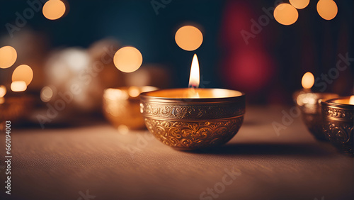 Beautiful diwali diya with burning candles on purple background photo