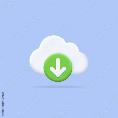 Download arrow and cloud. 3d icon of media loading, cloud computing sign for virtual server storage management, data transfer, share, web security, system backup concept. Isolated vector illustration