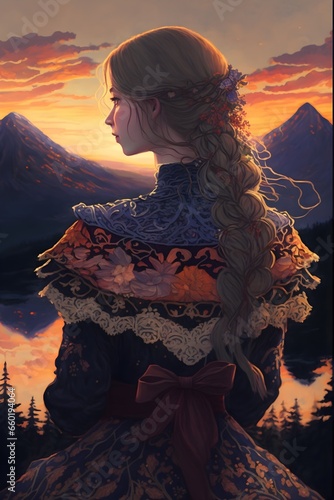 woman wearing ringerike knotwork cloisonne mountain sunset embroidered on a form fitting frilly dress pixiv  photo
