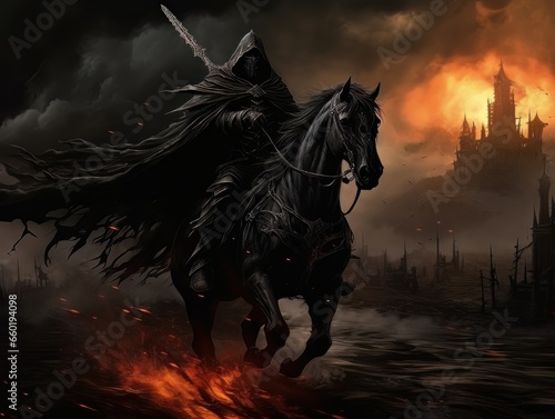 Black horseman of the apocalypse with sword riding black horse AI © Vitalii But