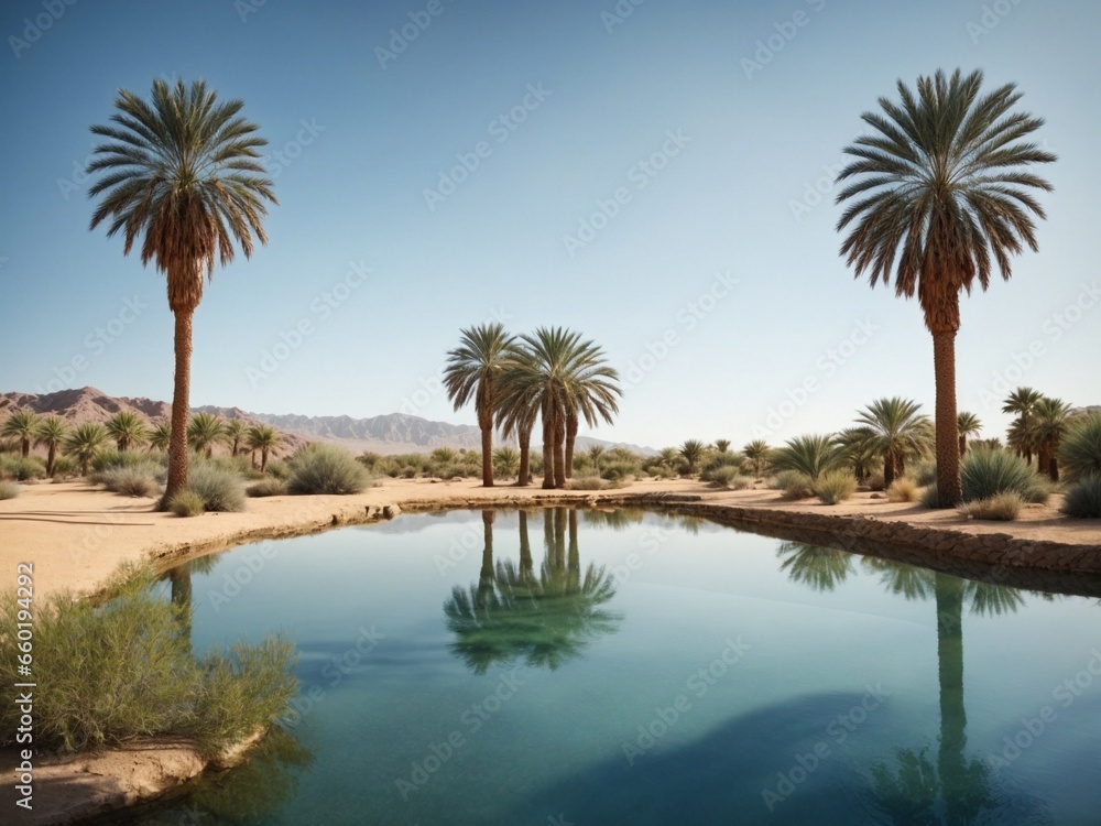 A desert oasis with date palm trees surrounding a tranquil pond reflecting the scene