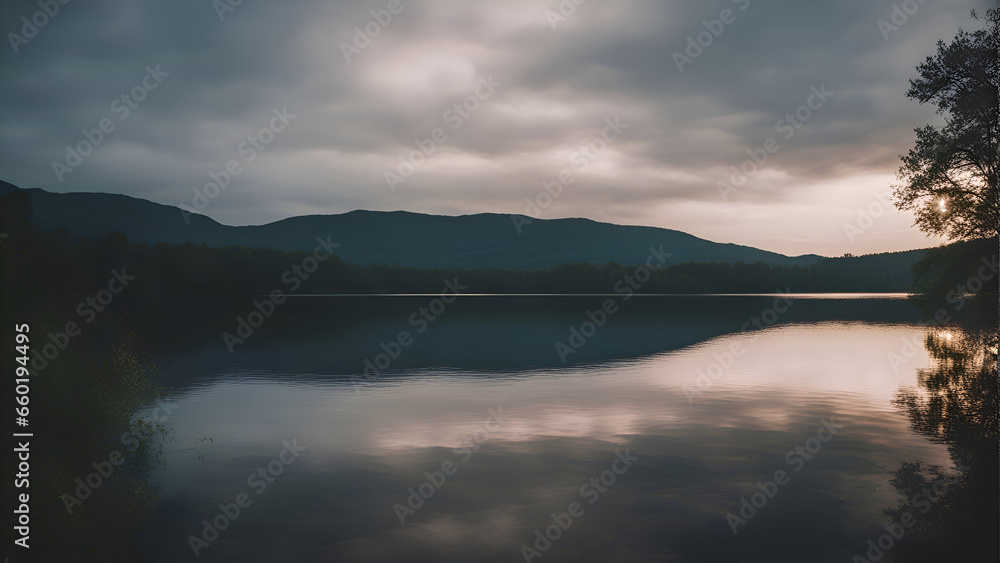 Landscape of a lake in the mountains at sunset with reflection in water