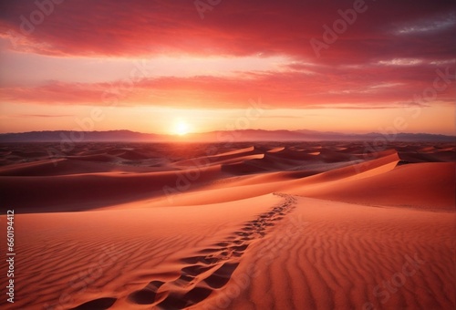 A vast desert landscape with rolling sand dunes under a crimson sunset