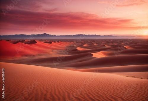 A vast desert landscape with rolling sand dunes under a crimson sunset