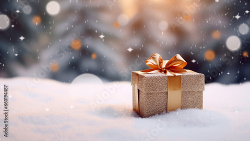 gift box on white snow with blur pine forest in winter background © piggu