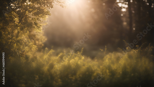 Sunset in the meadow with sunbeams shining through the trees