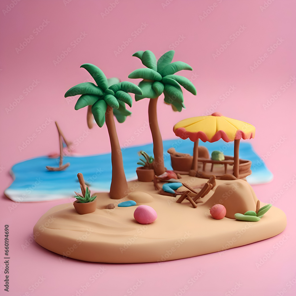Beach with palm trees and sand on pink background. 3d render