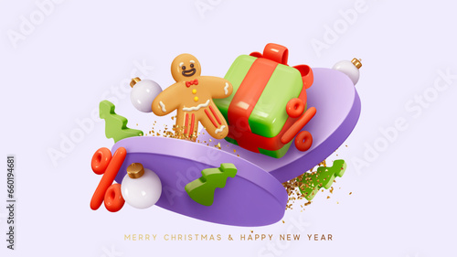 Merry Christmas and Happy New Year. Festive composition with realistic 3d decorative design elements in cartoon style. Gingerbread man, Christmas gifts box on round podium stand. Vector illustration