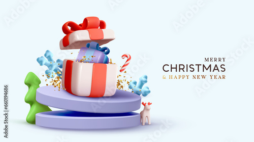 Merry Christmas and Happy New Year. Festive composition with realistic 3d decorative design elements in cartoon style. Christmas Open gift box on round podium stand. Vector illustration