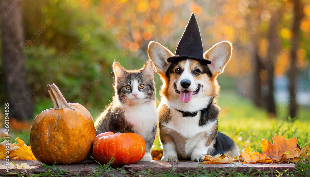 cute corgi dog in fancy black hat and striped cat sitting in autumn park with pumpkin for ha - obrazy, fototapety, plakaty 