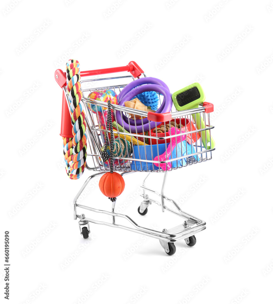 Different pet goods in shopping cart isolated on white. Shop items