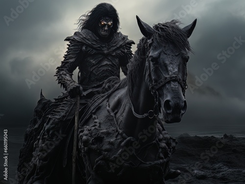 Black horseman skull of apocalypse with sword riding black horse AI