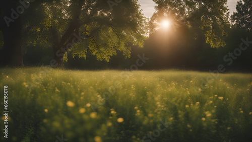 Sunset in a meadow with trees in the background. Blurred background
