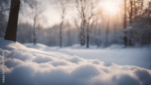 Beautiful winter landscape with snow covered trees in the forest and sunset