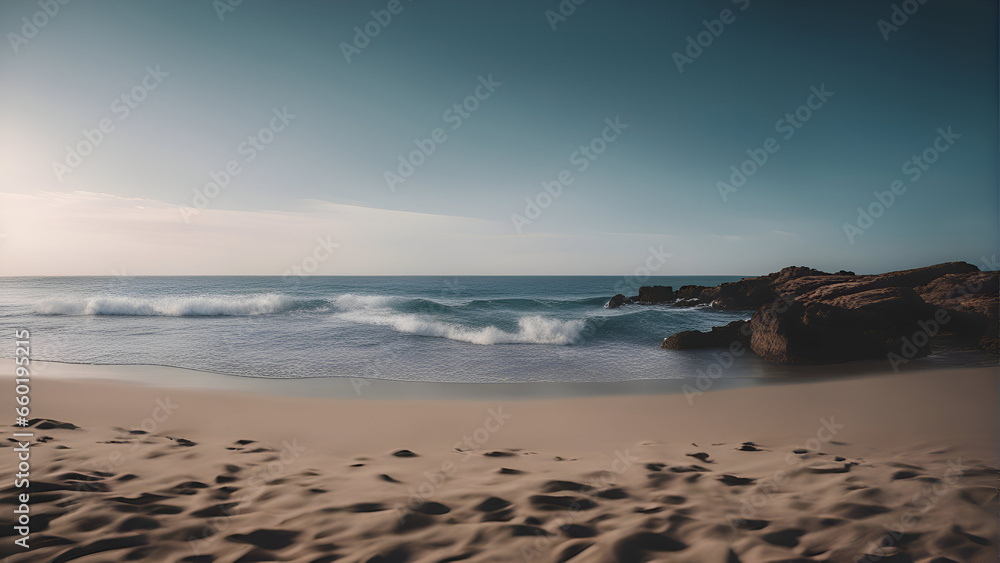 Beautiful seascape with sand dunes and waves at sunset