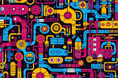 Industrial quirky doodle pattern, wallpaper, background, cartoon, vector, whimsical Illustration