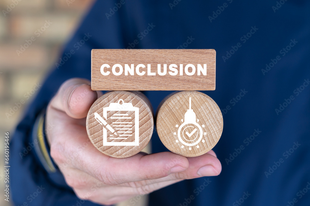 Man holding wooden blocks sees word: CONCLUSION. Conclusion business education concept. Ideas for creativity.