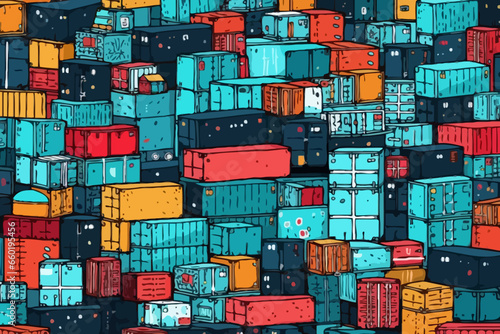 Shipping containers in a port quirky doodle pattern, wallpaper, background, cartoon, vector, whimsical Illustration