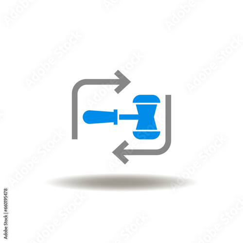 Vector illustration of gavel with round cycle arrows. Icon of trial, prosecution, verdict. Symbol of law justice.