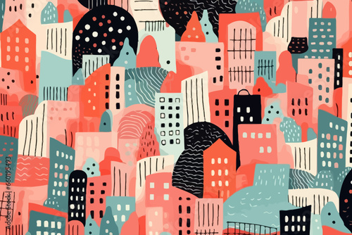 Cityscapes from above quirky doodle pattern, wallpaper, background, cartoon, vector, whimsical Illustration
