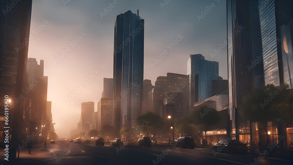 Dramatic cityscape at night with fog and light trails.