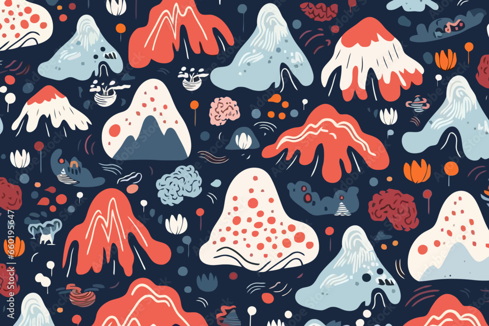 Volcanoes quirky doodle pattern, wallpaper, background, cartoon, vector, whimsical Illustration - obrazy, fototapety, plakaty 