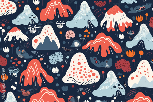 Volcanoes quirky doodle pattern, wallpaper, background, cartoon, vector, whimsical Illustration