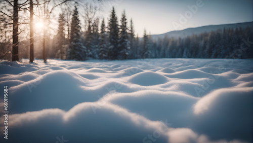 Winter landscape with snowy trees and snowdrifts in the foreground.