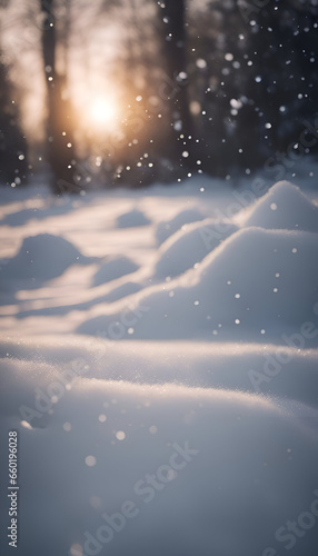 Winter background with snowflakes. Snowdrift and sunbeams.