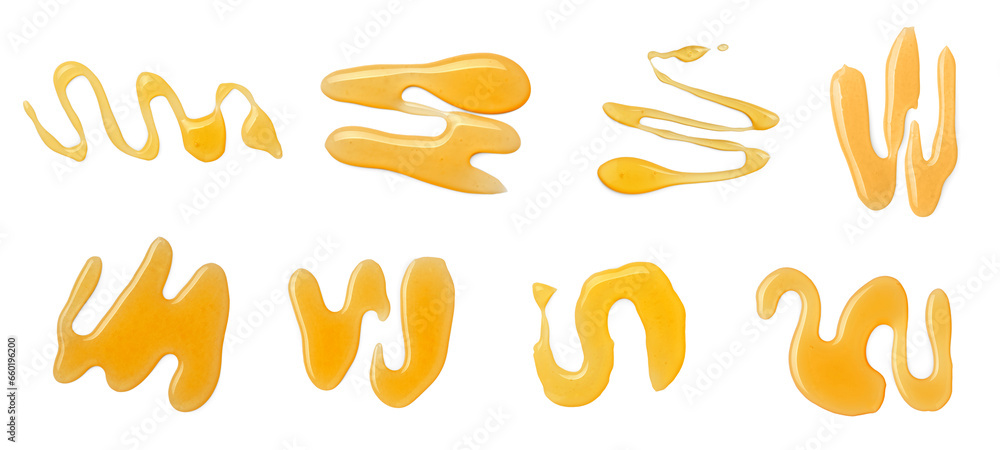 Sweet golden honey isolated on white, set. Top view Sweet golden honey isolated on white, set. Top view