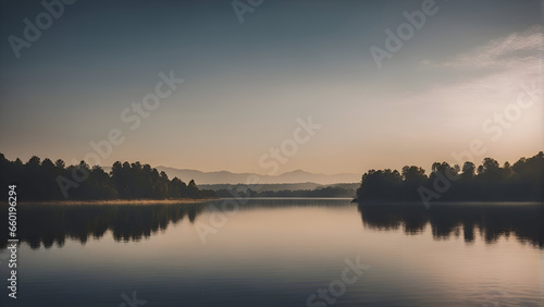 Beautiful landscape image of a lake at sunrise with mountains in the background