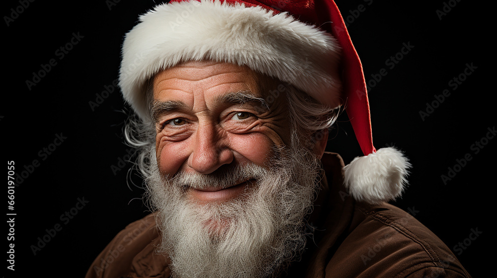 Naklejka premium Nahaufnahmeporträt eines älteren Mannes mit langem weißem Bart und Weihnachtsmannmütze auf schwarzem Hintergrund